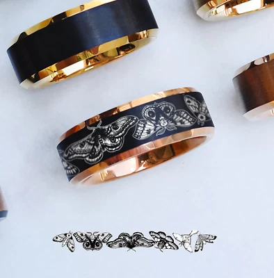 Anillo de boda de carburo minimalista de joyería promesa polilla de tungsteno grabado - 8 mm de ancho Foto 1 de 3