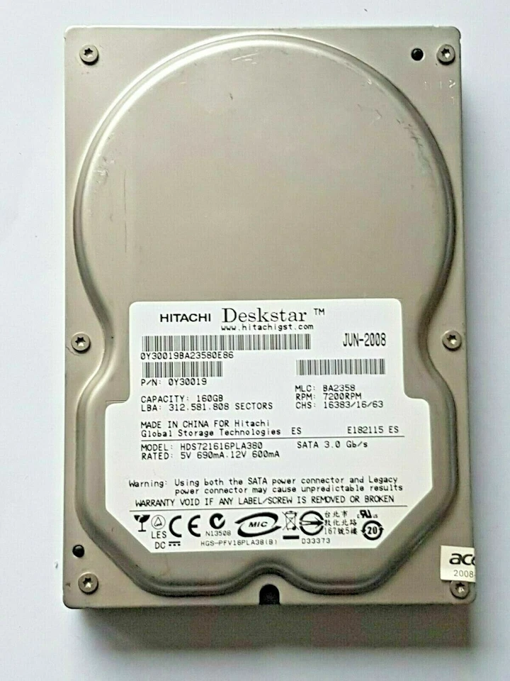 160 GB SATA Hitachi Deskstar HDS721616PLA380 Internal 7200RPM 8MB 3.5 " Hard - Image 1 of 1