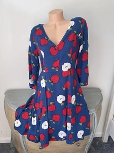 ModCloth Teacher Dress Large Red Apple Blue Lined Fruit Fit Flare Rayon - Picture 1 of 16