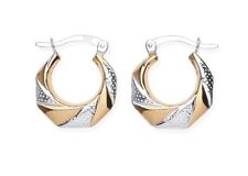 9ct Gold on Silver Creole Hoop Earrings - Two Tone Hexagon