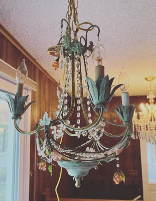 Araña Shabby Chic Verdigris Toleware Frutas Vides Cristales De Colección Foto 1 de 3