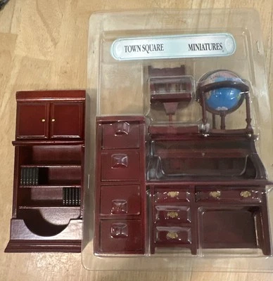 Office Set Globe Desk Filing Cabinet Book Shelf dollhouse miniature T6635 5pcs - Image 1 of 4