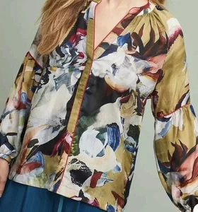 Vineet Bahl 100% Silk Blouse V Neck Long Sleeve Anthropologie Size Small - Picture 1 of 5