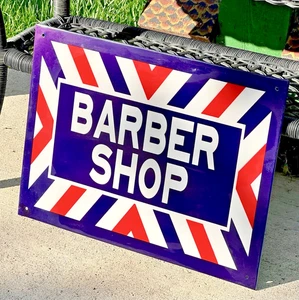 Letrero publicitario 1980 Ande Rooney Barber Shop porcelana metal esmaltado 12"x16" - Imagen 1 de 5