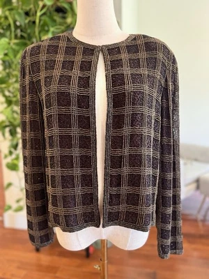 Sz M Silk Papell Boutique Evening Blazer Brown Black Gold Beaded Jacket Formal - Image 1 of 4