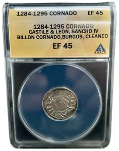 1284-1295 SPAIN CASTILE & LEON SANCHO IV BILLON CORNADO,BURGOS ANACS EF 45 Clean - Picture 1 of 10