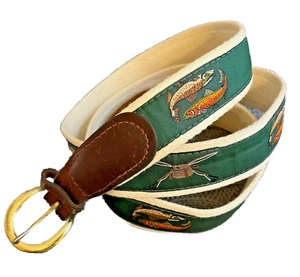 YRI Gürtel Creme & Grün Canvas Leder Fliegenfischen Herren Größe 44 MADE IN USA - Bild 1 von 11