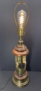 Vintage Table Lamp Brass WoodLantern 3-Way Flickering Flame Maritime Nautical - Picture 1 of 9