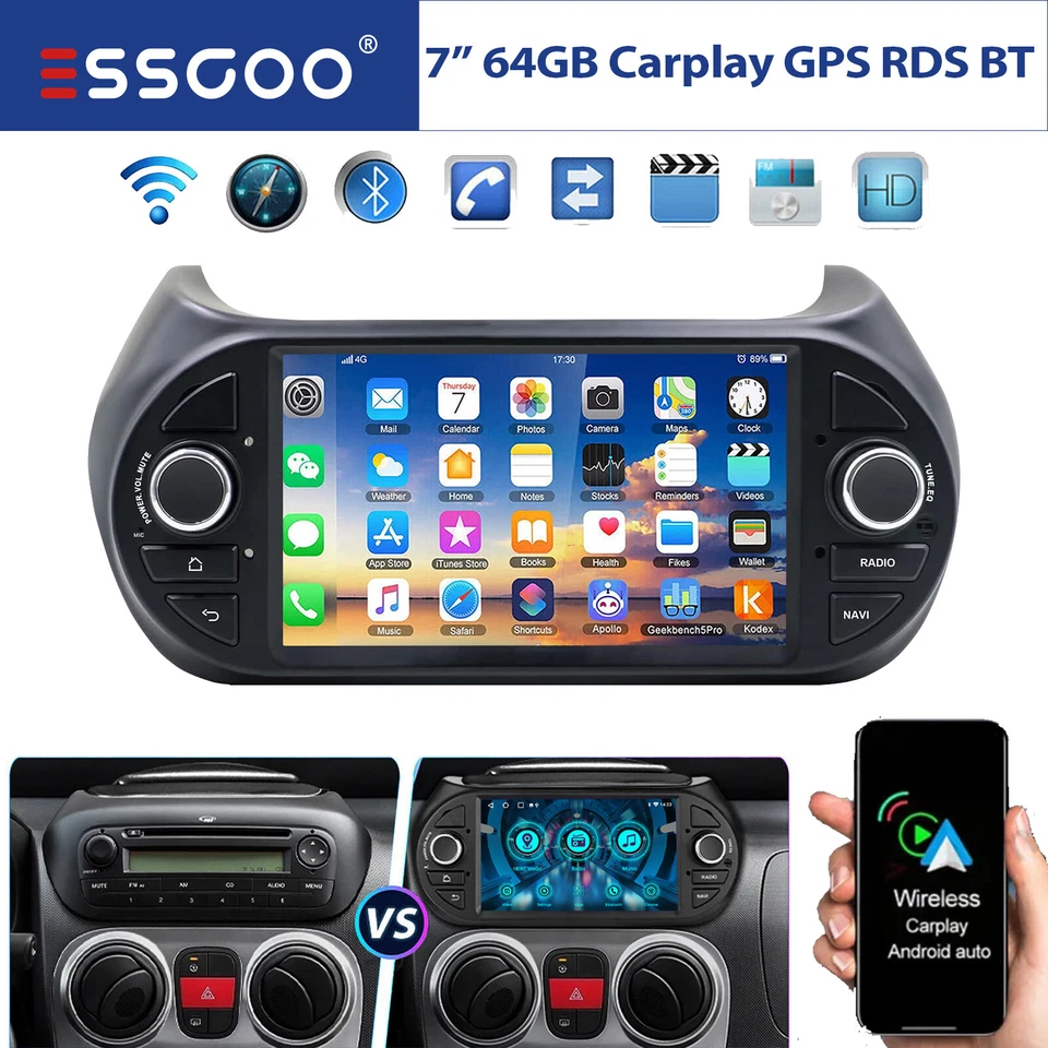2+64G For Fiat Fiorino Qubo Citroen Nemo Peugeot Bipper Autoradio Carplay GPS BT - Immagine 1 di 4