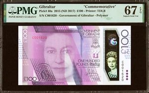 Gibraltar 100 Pounds Polymer 2015 (ND 2017) Pick-40a SUPERB GEM UNC PMG 67 EPQ - Picture 1 of 2