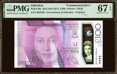 Gibraltar 100 Pounds Polymer 2015 (ND 2017) Pick-40a SUPERB GEM UNC PMG 67 EPQ - Image 1 of 2