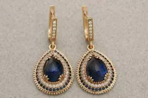 3Ct Pear Lab- Created Sapphire Drop/Dangle Women Earring  14K Yellow Gold Finish - Picture 1 of 4