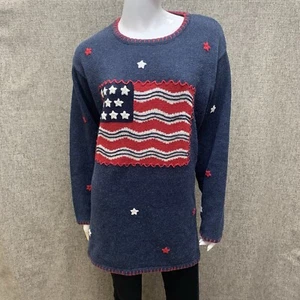 Vintage Red Blue Quacker Factory Women's Sweater 1X American Pullover USA Flag - Picture 1 of 8