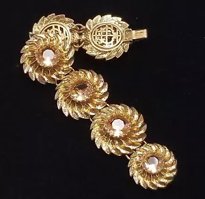 Pulsera Ancha 6 Eslabones Diseño Pasillo Diseñador Flor Adornada Cristal Coñac De Colección - Imagen 1 de 10