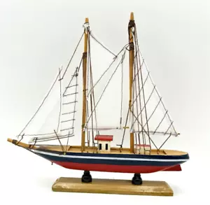 Modellino Veliero Barca a Vela Nave Legno 2 Alberi Vintage Arredamento Rosso Blu - Foto 1 di 11