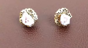 Small Ceramic Rose Ornate Gold-Tone Metal Earrings - Picture 1 of 11