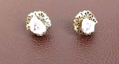 Small Ceramic Rose Ornate Gold-Tone Metal  Earrings - Image 1 of 4