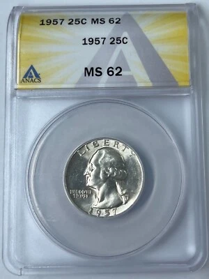 1957 25C Washington Quarter ANACS MS62 Type B Rev FS901 # - Image 1 of 4
