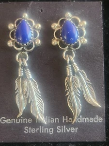 Orecchini Vintage Navajo Argento Sterling Blu Lapislazzuli 2 Pendenti Piuma - Foto 1 di 1