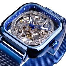 Blue Watches Steels Automatic Mechanical Square Skeleton Wrist Watch Accessories