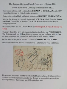Franco German Baden 1801 Vorphila Bremen to Bordeaux 1832 Rayon Stempel Cover - Bild 1 von 3