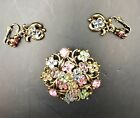 Vintage Hollycraft Multi-Colored Brooch and Matching Clip-On Earrings