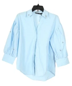 Zara Women’s Short Medium Blue Jeweled 3/4 Sleeve Button Up V Neck 100% Cotton - Picture 1 of 7