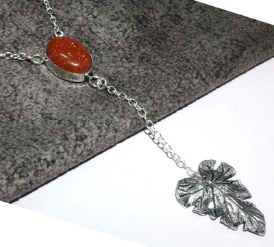 925 Silver Plated Leaf Goldstone Necklace Handmade Jewelry Size 18" GW - Image 1 of 3
