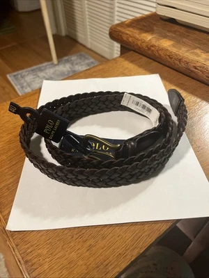 Polo Ralph Lauren Derby Cinturón de Cuero Trenzado Marrón Coñac Hebilla de Latón Hombres talla 40 Foto 1 de 4