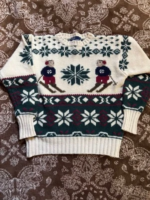 Polo Ralph Lauren Suéter Verde Esqui Urso Duplo Floco de Neve Nórdico Tamanho G Vintage  - Imagem 1 de 4