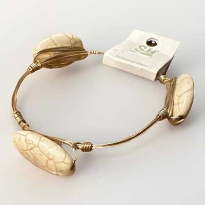 Handcrafted SJ Wire Bangle Bracelet Beige Howlite Stones Boho Chic - Image 1 of 2