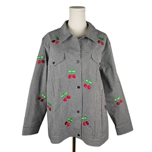 Quacker Factory Black & White Jacket Gingham Cherry Embroidered 1X Rockabilly - Picture 1 of 10