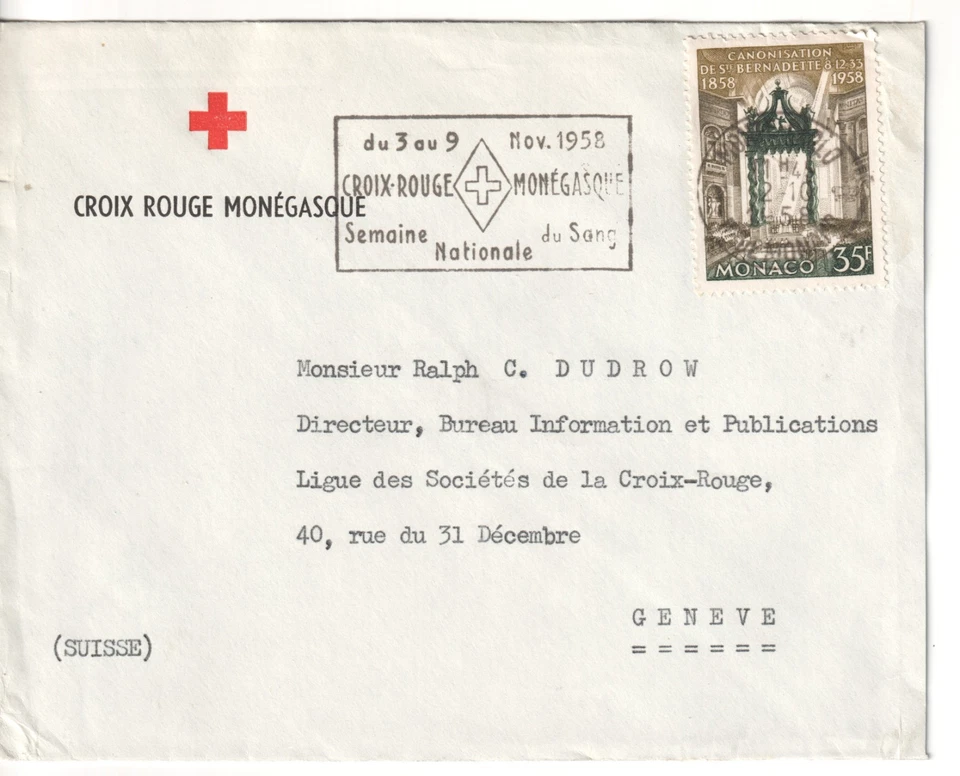 Mónaco 1958 Cruz Roja Cubierta Donación de Sangre / Canto a Ginebra Foto 1 de 1