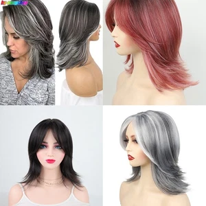 Women Synthetic Hair Heat Resistant Wig W/ Bangs Layered Silver Gray Pink Black - Picture 1 of 16