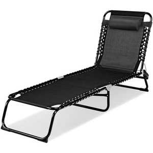Foldable Lounge Chaise Adjustable Patio Camping Cot w/ Pillow Beach Pool Black - Picture 1 of 8
