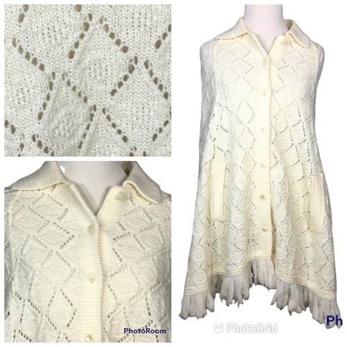 OFF WHITE Mantello vintage anni 60 bianco bianco sporco con colletto e fori per braccia mantello retrò con frange