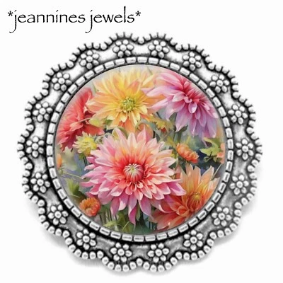 Broche de jardín con flores de dalia prendedor vintage arte botánico impresión bufanda plateada Foto 1 de 4