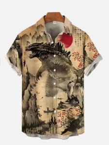 Japanese Classic Movie Godzilla Art 3D Print Button Up Hawaiian Lapel Shirt Tops - Picture 1 of 2