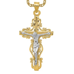 10K Solid Two Tone Gold Jesus Crucifix Cross Necklace - Picture 1 of 8