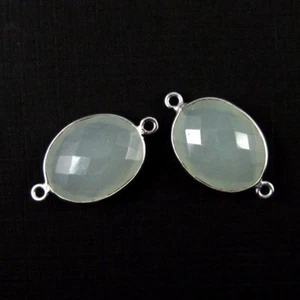 Bezel Gem Links - Sterling Silver - Faceted Oval Shape - Aqua Chalcedony (2 Pcs) - Picture 1 of 2