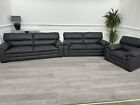 FURNITURE VILLAGE Cozee Dark Grey Leather 3+2 + Armchair + Footstool Sofa Set