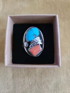 VTG Silver Turquoise Coral Mens Biker Ring Size 11 old pawn leaf - Picture 1 of 11