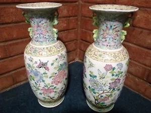 PAIR OF CHINESE 19th CENTURY FAMILLE ROSE VASES DECORATED FLOWERS QING DYNASTY - Picture 1 of 11