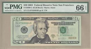 2004 $20 United States Federal Reserve Legal Tender Fr#2090-L PMG GEM66 - Picture 1 of 2