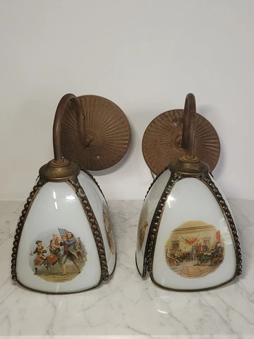 Vintage Pair Of Glass Light Sconces American Revolution Historical Events 9" L Cover