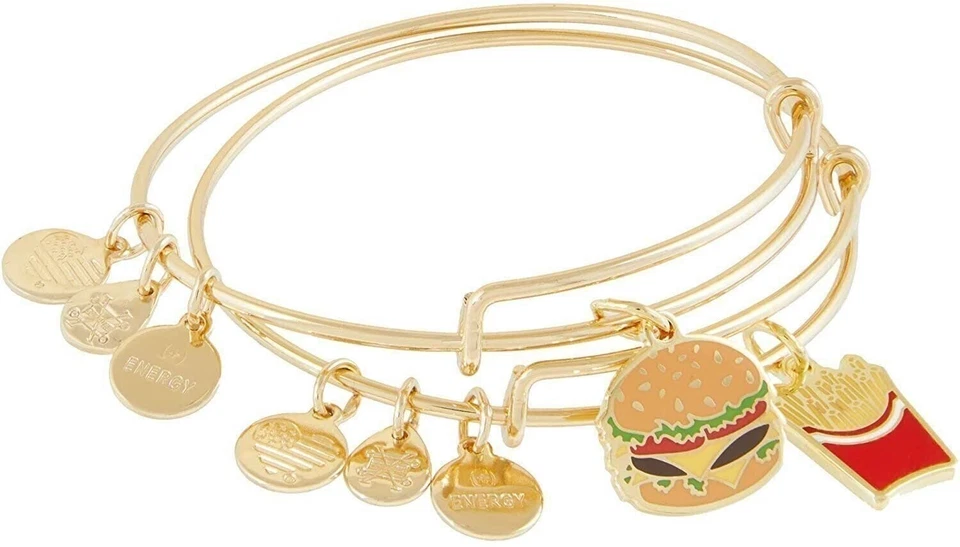 Alex and Ani Hamburger and Fry Set of 2 Shiny Gold Charm Bangle Bracelet