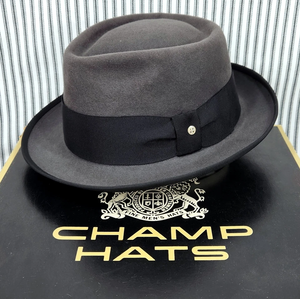Vintage CHAMP Fedora Hat - Dark Gray Fur Finish, Vtg. Brass & Enamel Hatpin ~ 7⅜ - Image 1 of 4