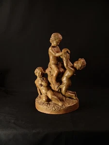 Groupe terre cuite patiné XIXème Putti jouant à la fontaine allégorie de l'eau - Picture 1 of 14