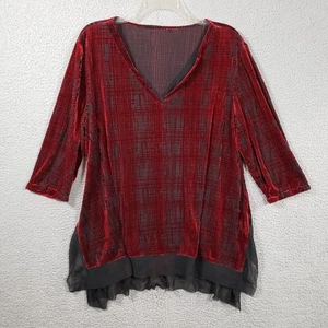 Velvet Tunic Top Womens Large Red Black Textured Burnout Asymmetrical Hem Artsy - Picture 1 of 12