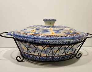 Cazuela Temp-Tations Old World azul ovalada de 3,5 qt con tapa y estante - Imagen 1 de 6
